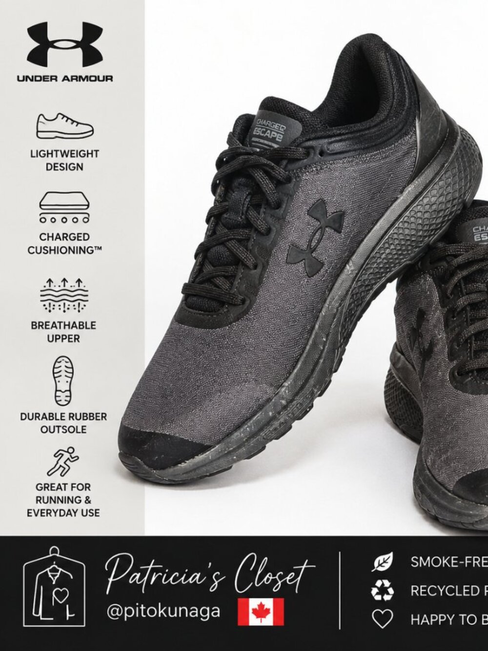 Under Armour Charged Escape 3 Men’s Running Shoes Black Size 10